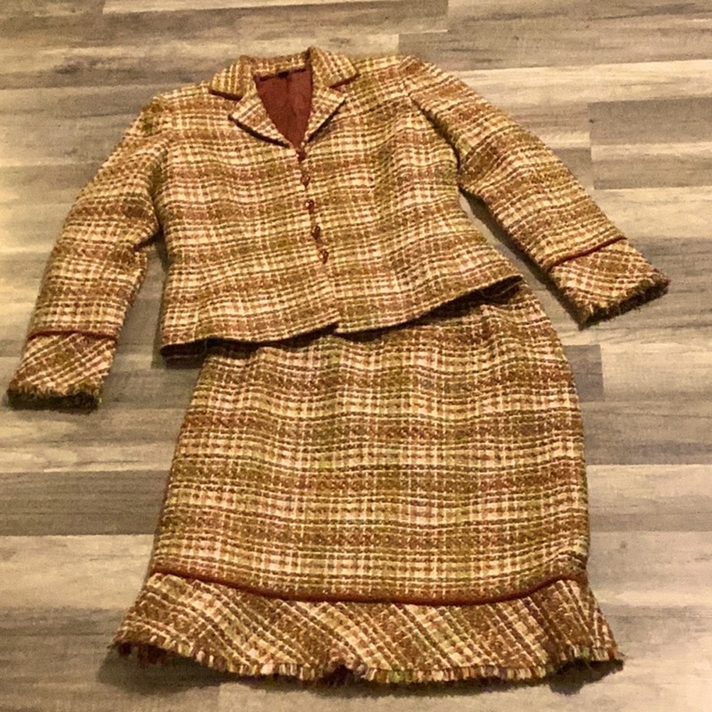 Kasper Tweed Skirt Suit in Brown and Cream Plaid